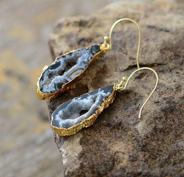 Natural Sliced Grey Druzy Geode Earrings-Your Soul Place